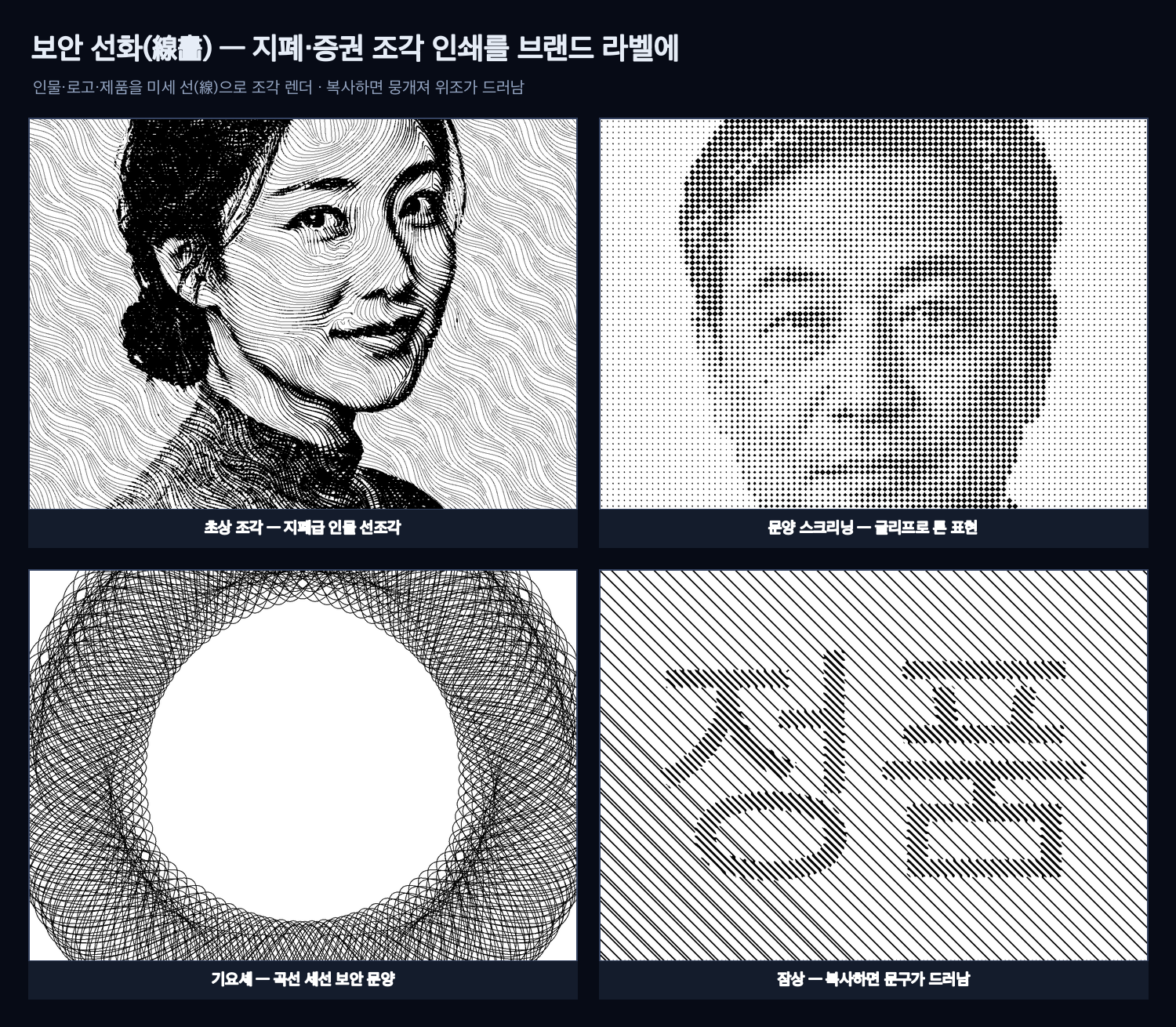 보안 선화 — 초상 조각, 문양 스크리닝, 기요셰, 잠상 예시