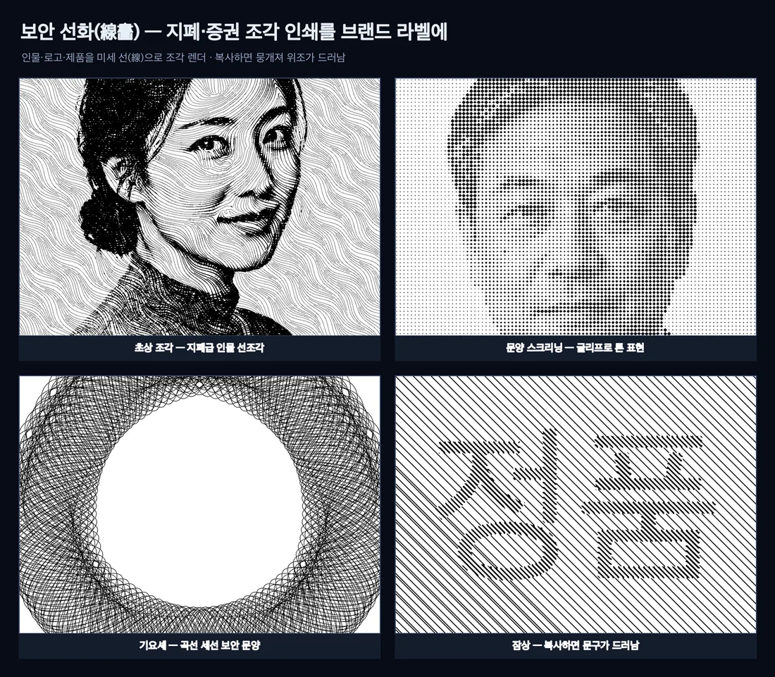 보안 선화 네 가지 — 초상 조각, 문양 스크리닝, 기요셰 곡선, 잠상